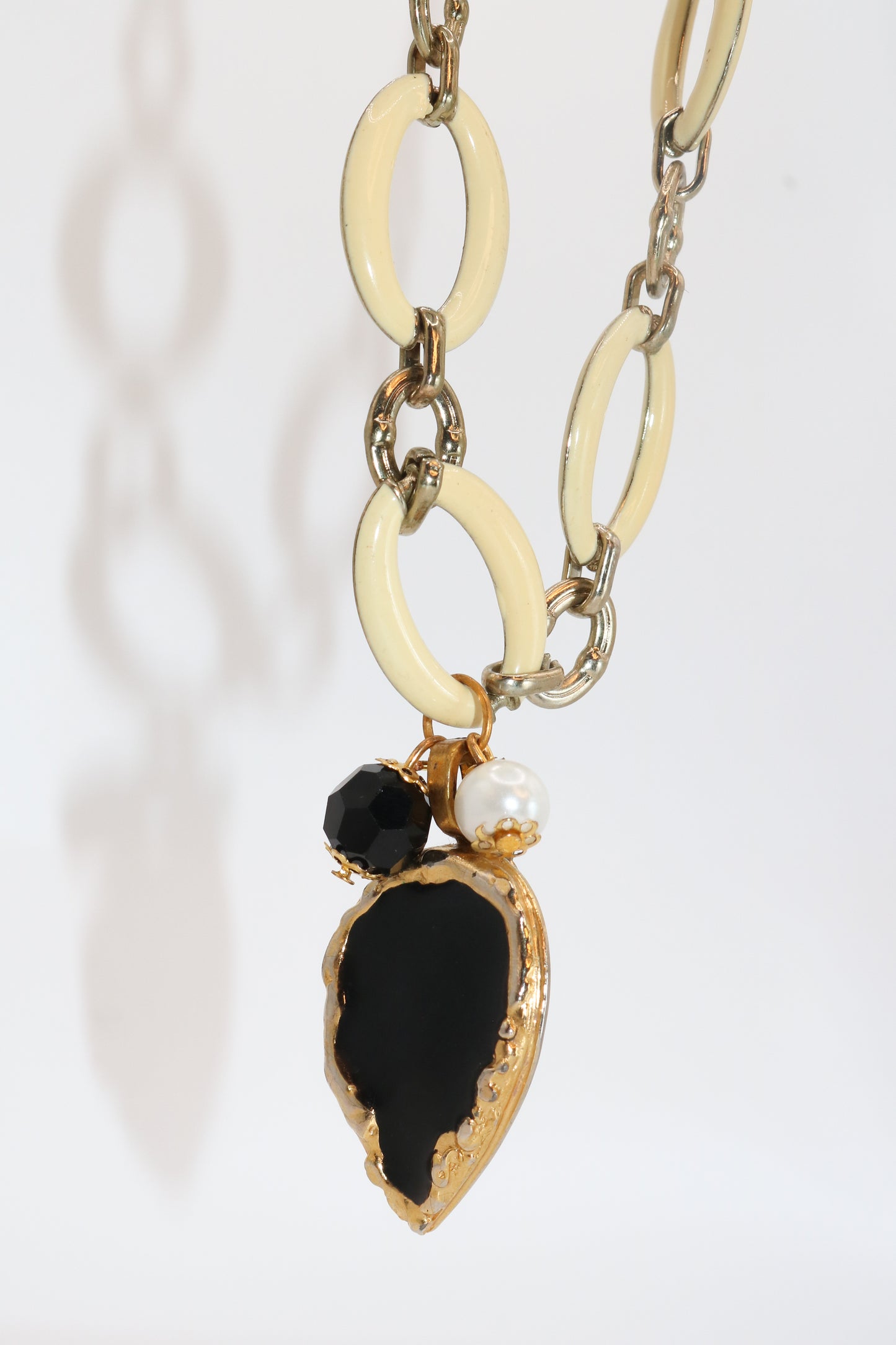 Chunky Cream Link Necklace with Black + Gold Drop Pendant