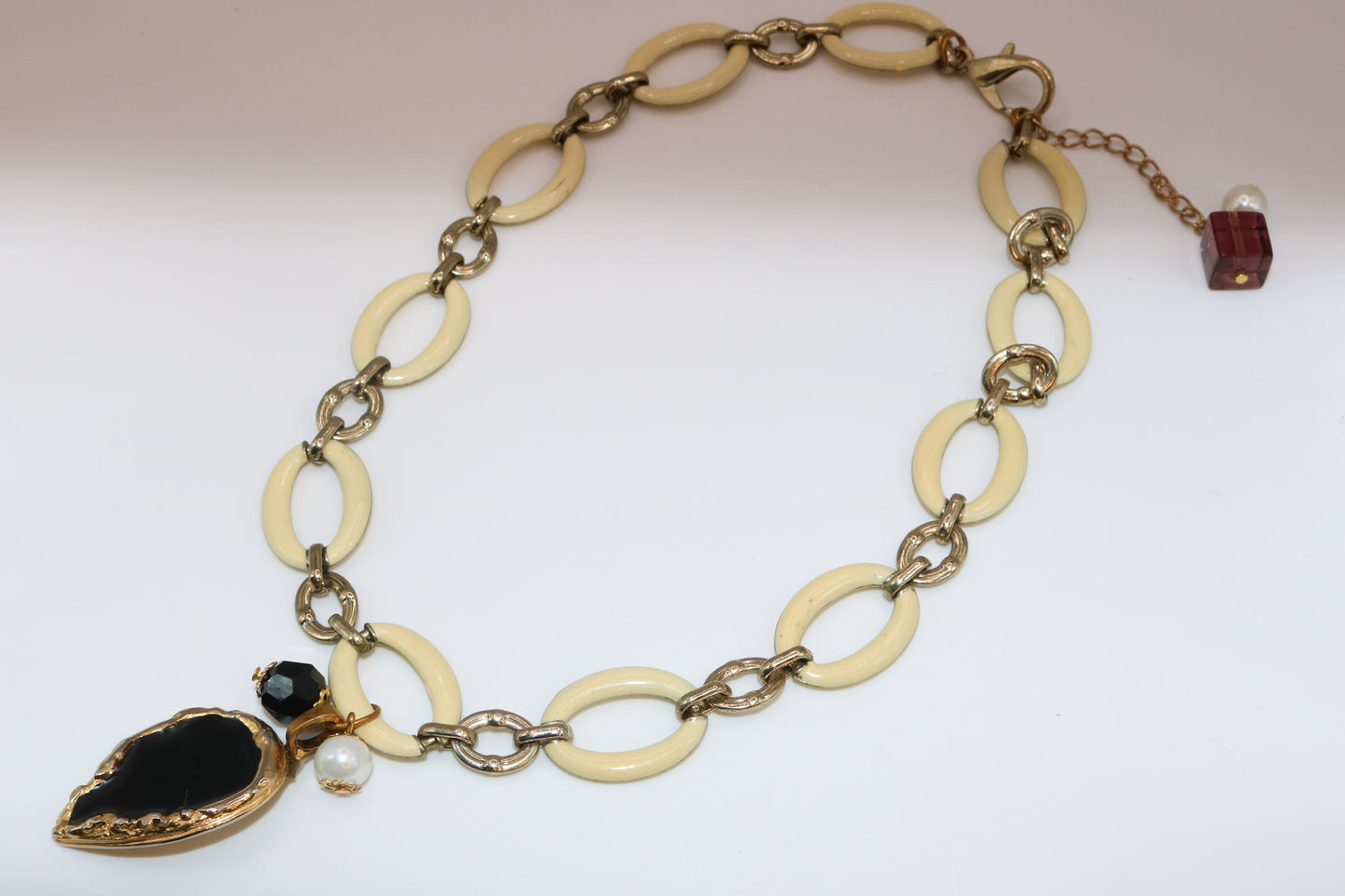 Chunky Cream Link Necklace with Black + Gold Drop Pendant