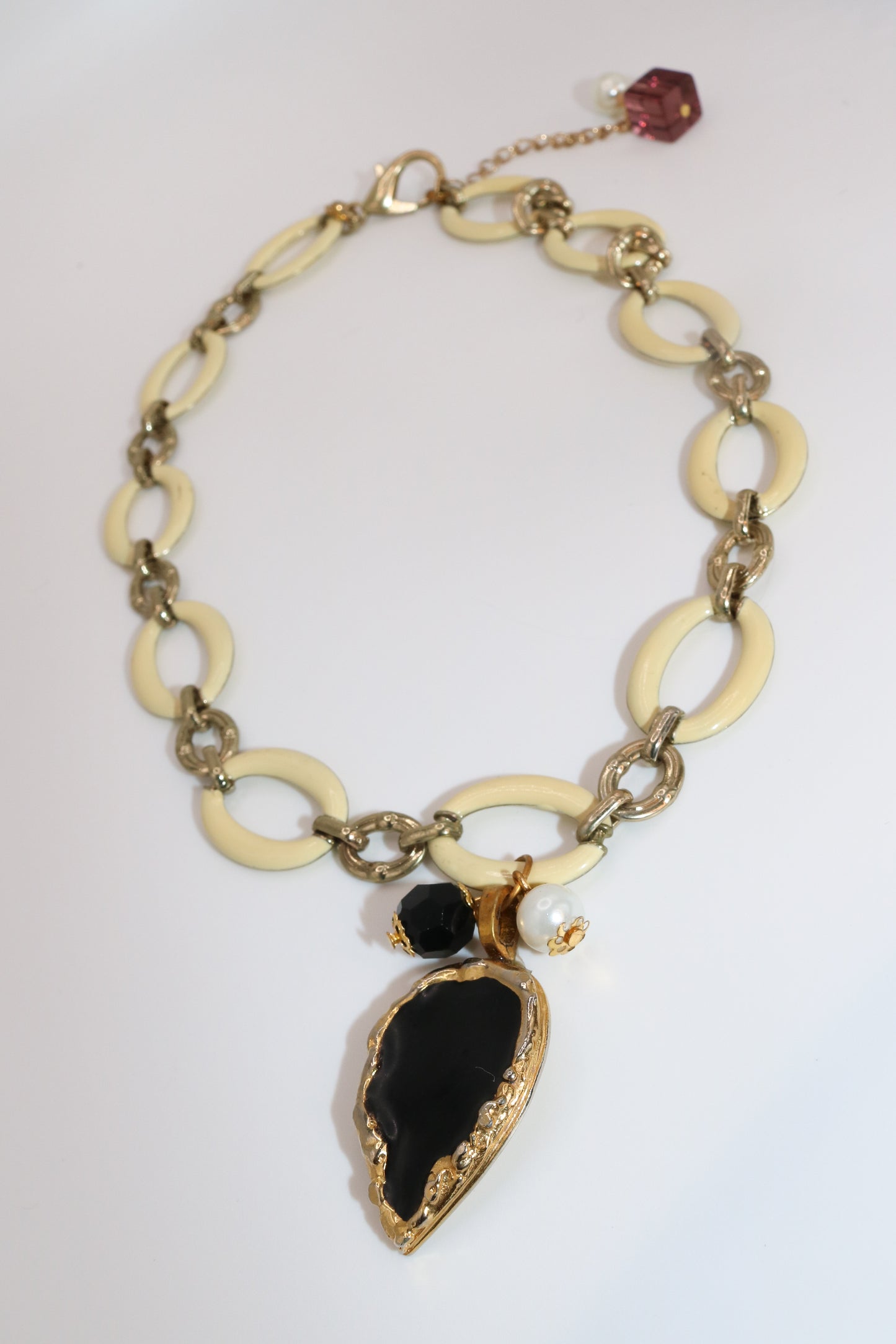 Chunky Cream Link Necklace with Black + Gold Drop Pendant