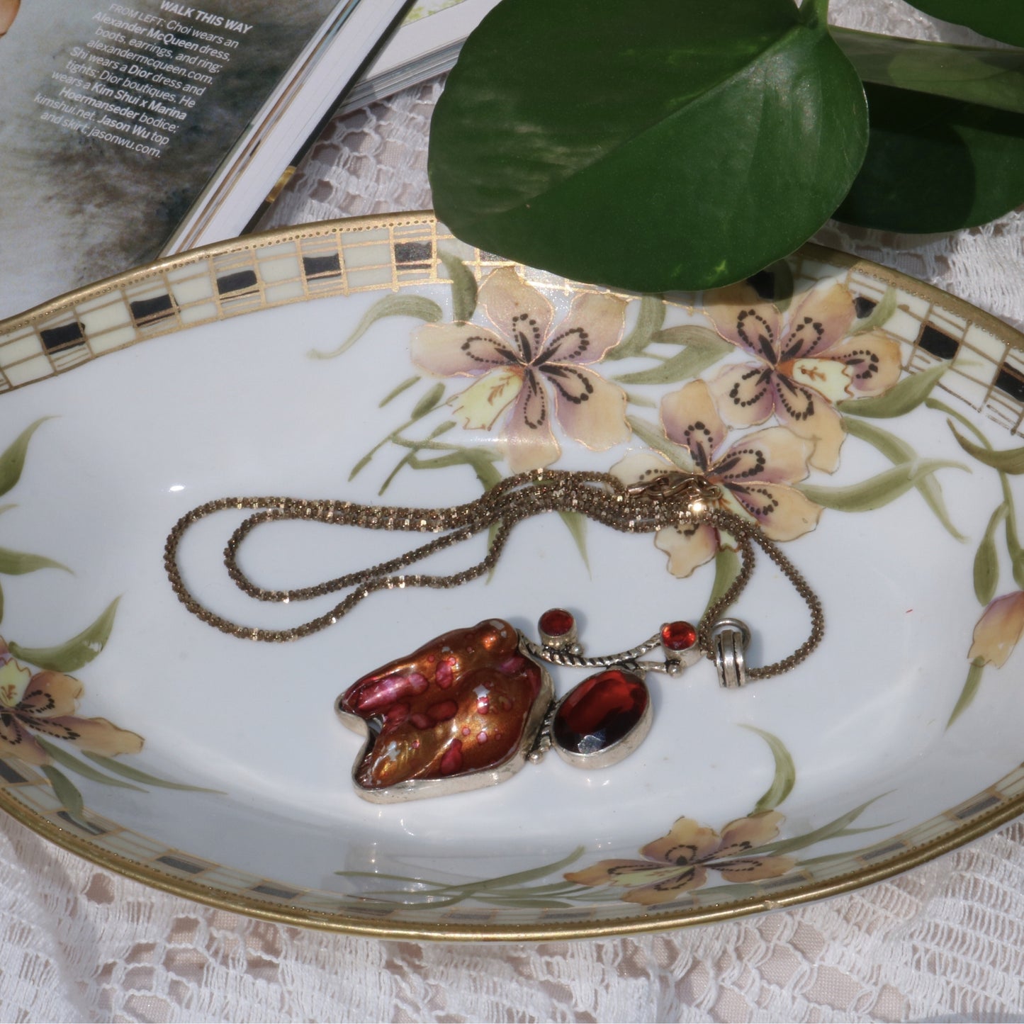 Sterling Silver Statement Pendant Necklace with Garnet & Natural Jasper/Agate (925)