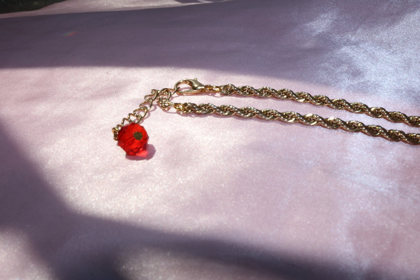 Gold Rope Chain Bracelet with Red Bead Charm