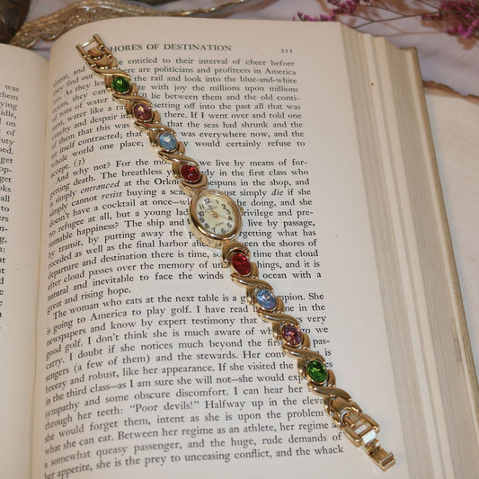 Gold Tone Multicolor Gemstone Quartz Watch