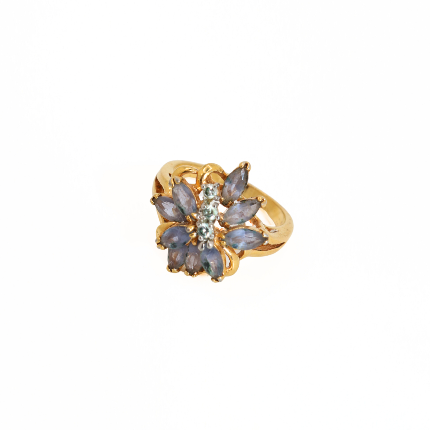 Vintage Gold Tone Flower Ring with Blue Stones