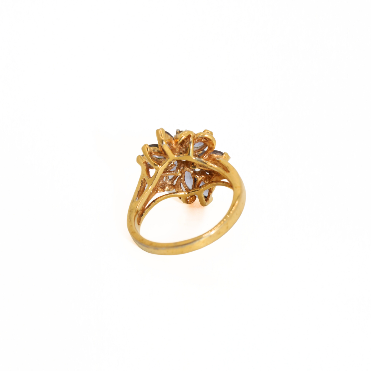 Vintage Gold Tone Flower Ring with Blue Stones