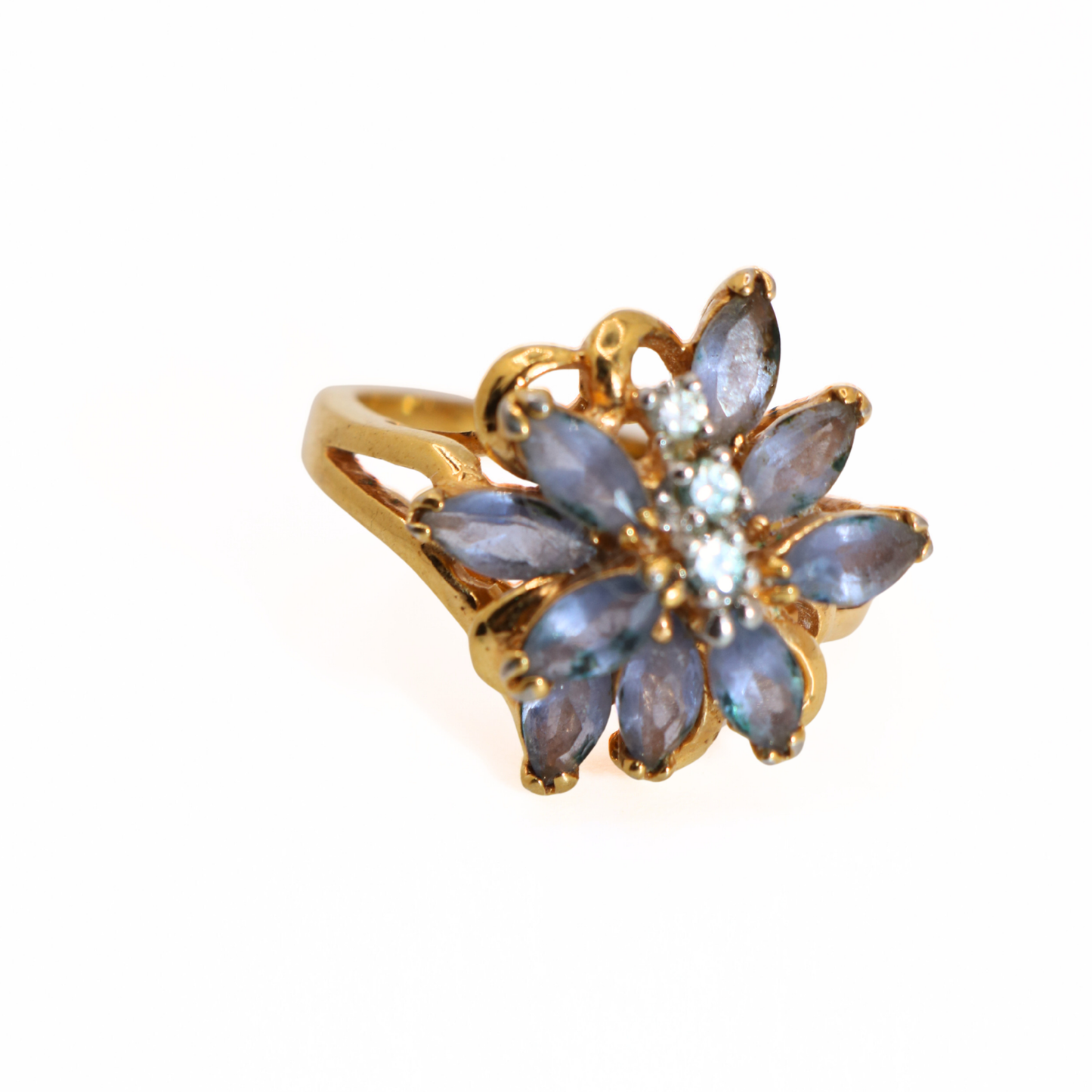 Vintage Gold Tone Flower Ring with Blue Stones