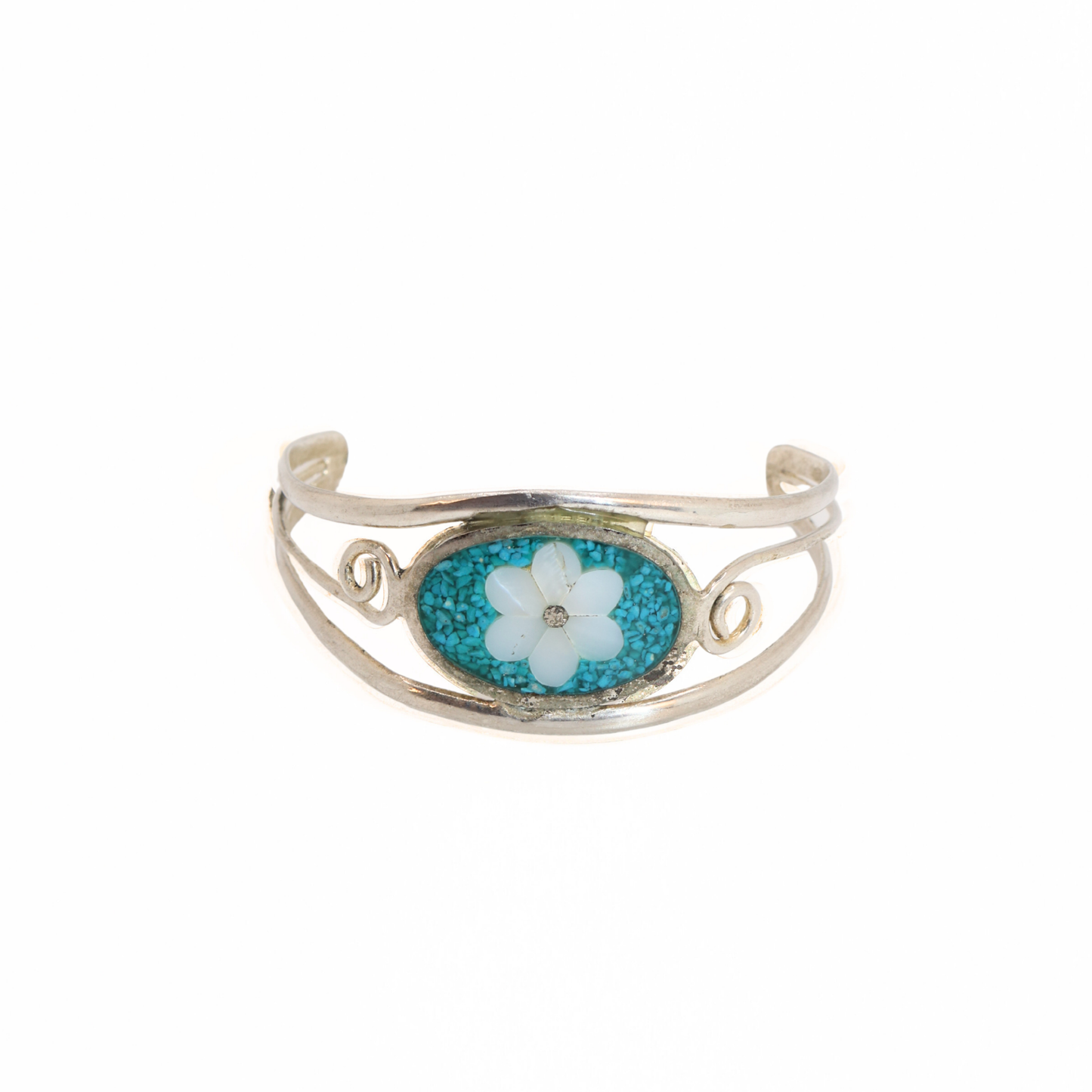 Vintage Turquoise Mosaic Flower Sterling Silver Cuff Bracelet