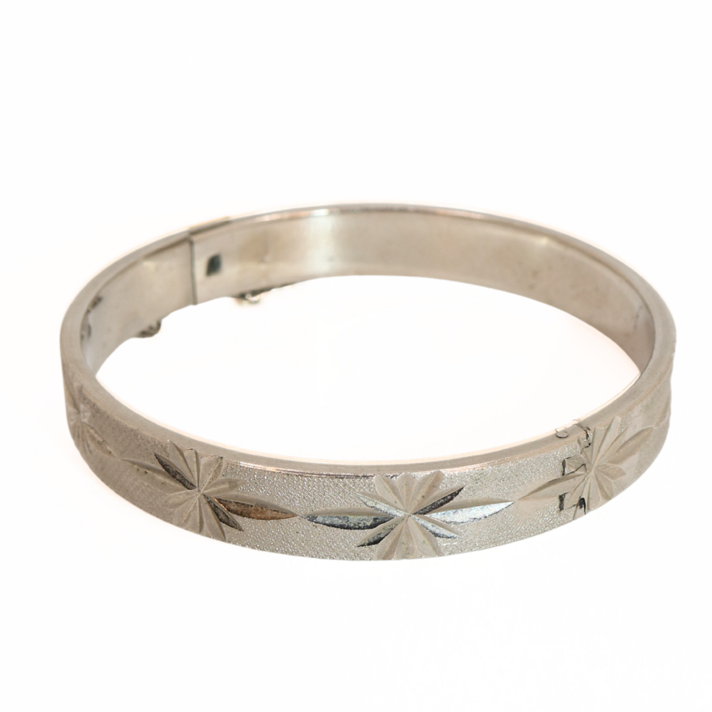 Vintage Silver Tone Starburst Etched Hinged Bangle Bracelet