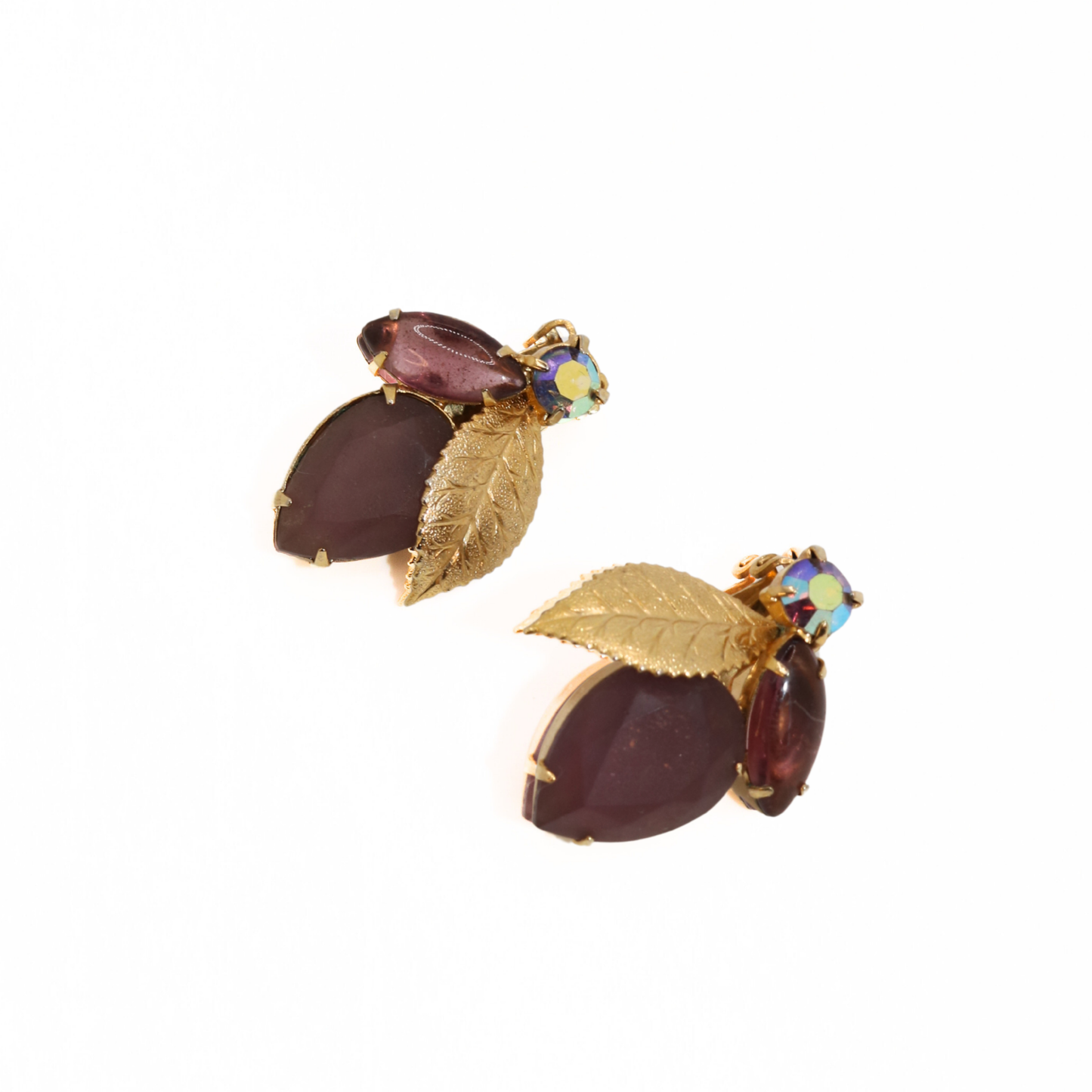Vintage Purple Rhinestone Leaf Clip-On Earrings