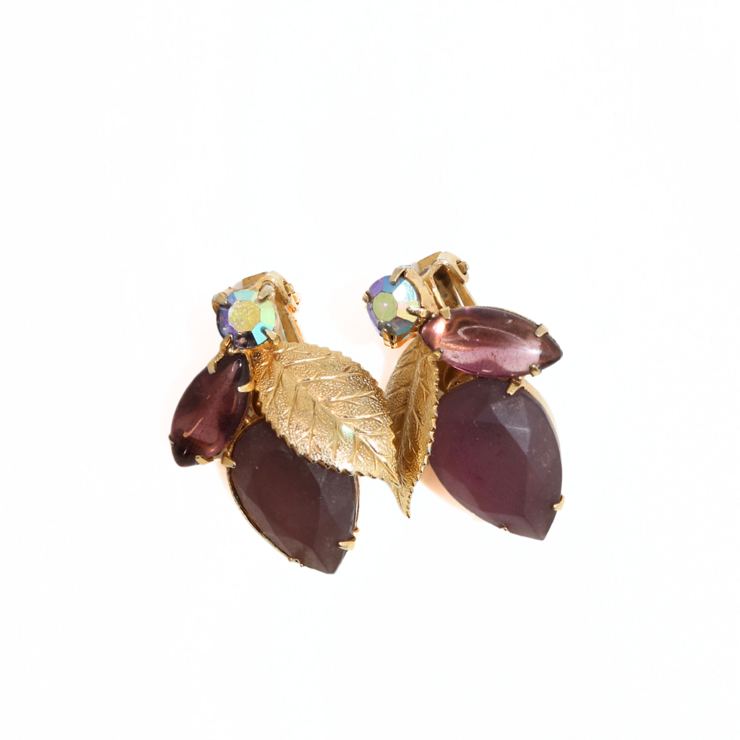 Vintage Purple Rhinestone Leaf Clip-On Earrings