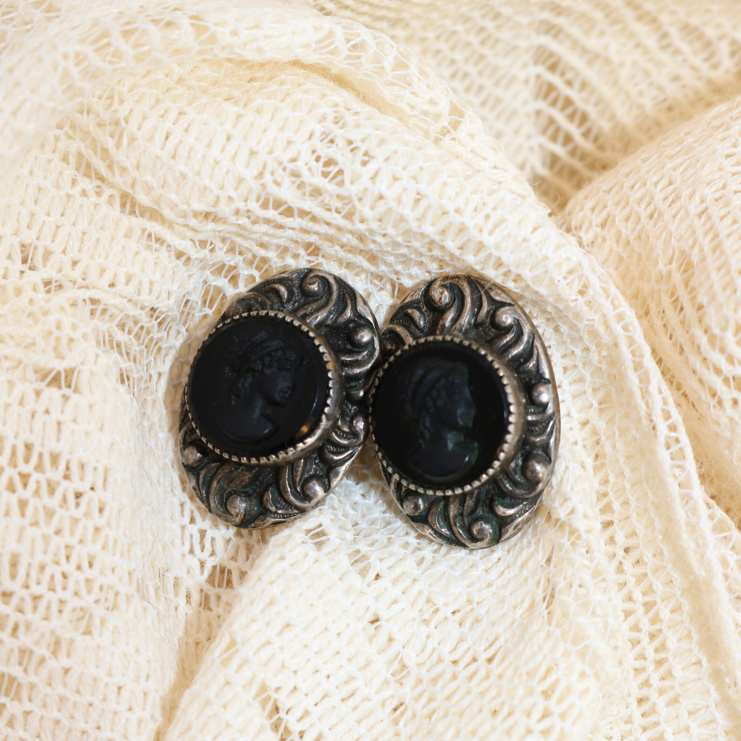 Vintage Black Shell Cameo Earrings