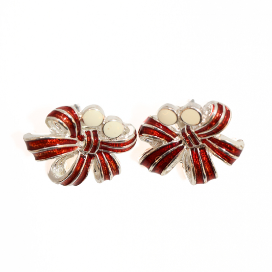 Vintage Red Enamel Bow Stud Earrings