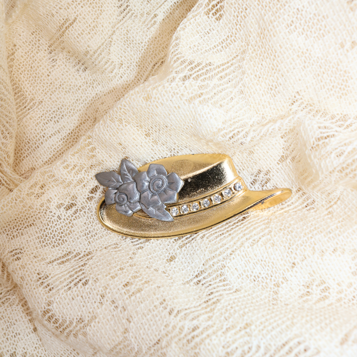 Vintage Two-Tone Hat Brooch with Rhinestones