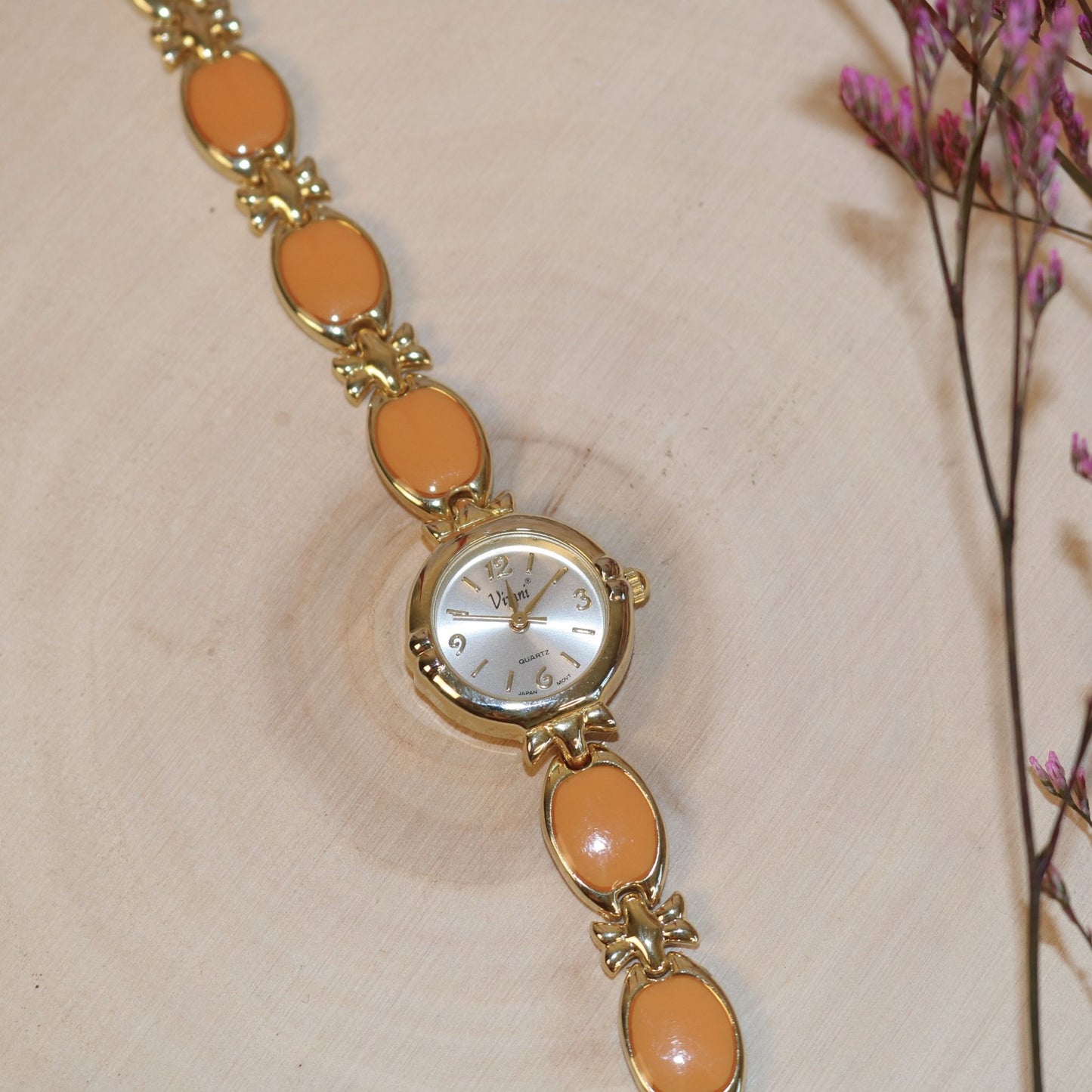 Vimi Gold Tone Orange Enamel Quartz Watch