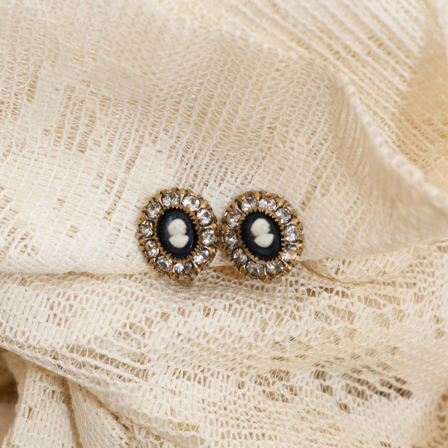 Vintage 1950s Gold Tone Cameo Screw-Back Earrings with Crystal Accents