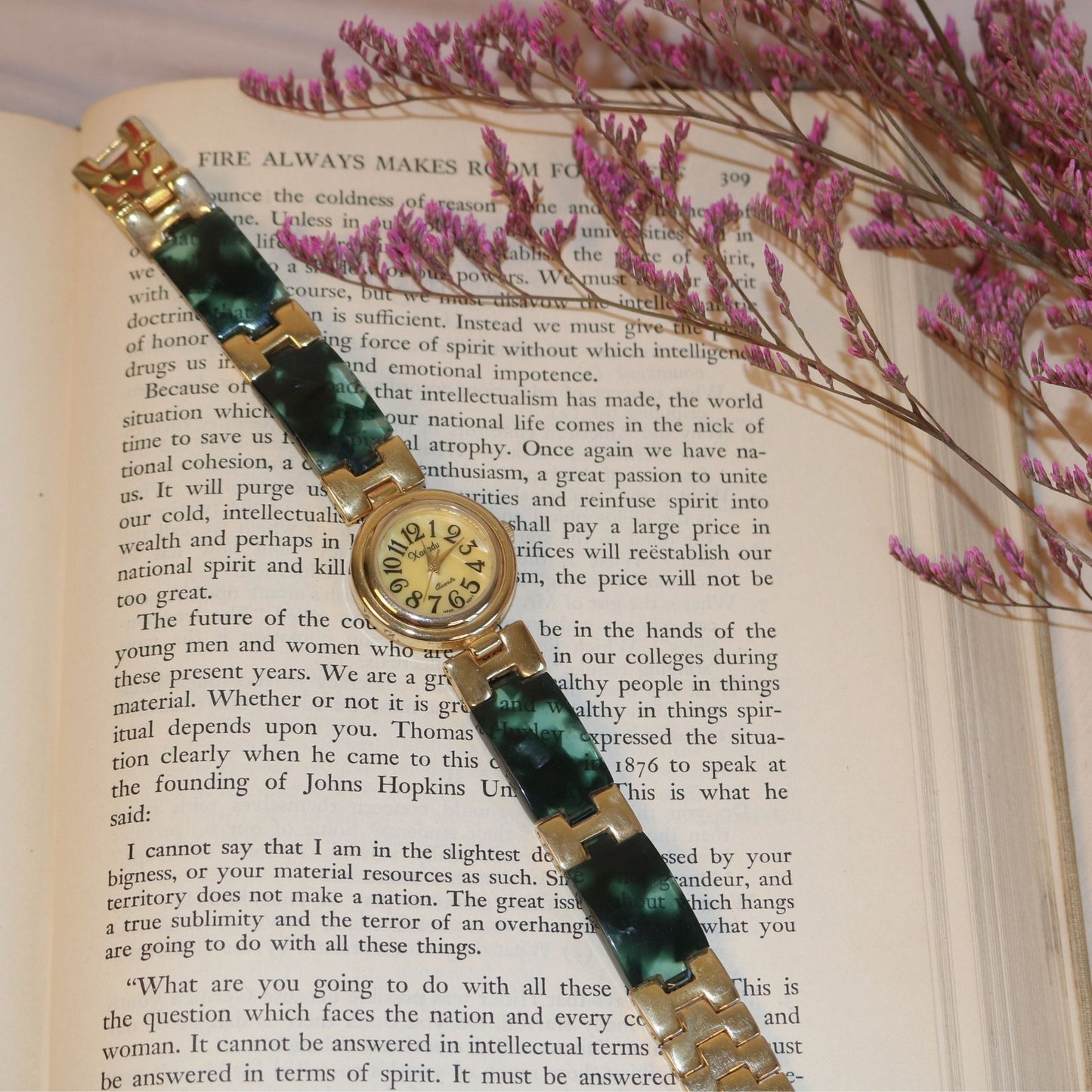 Xandu Gold Tone Green Marbled Quartz Watch