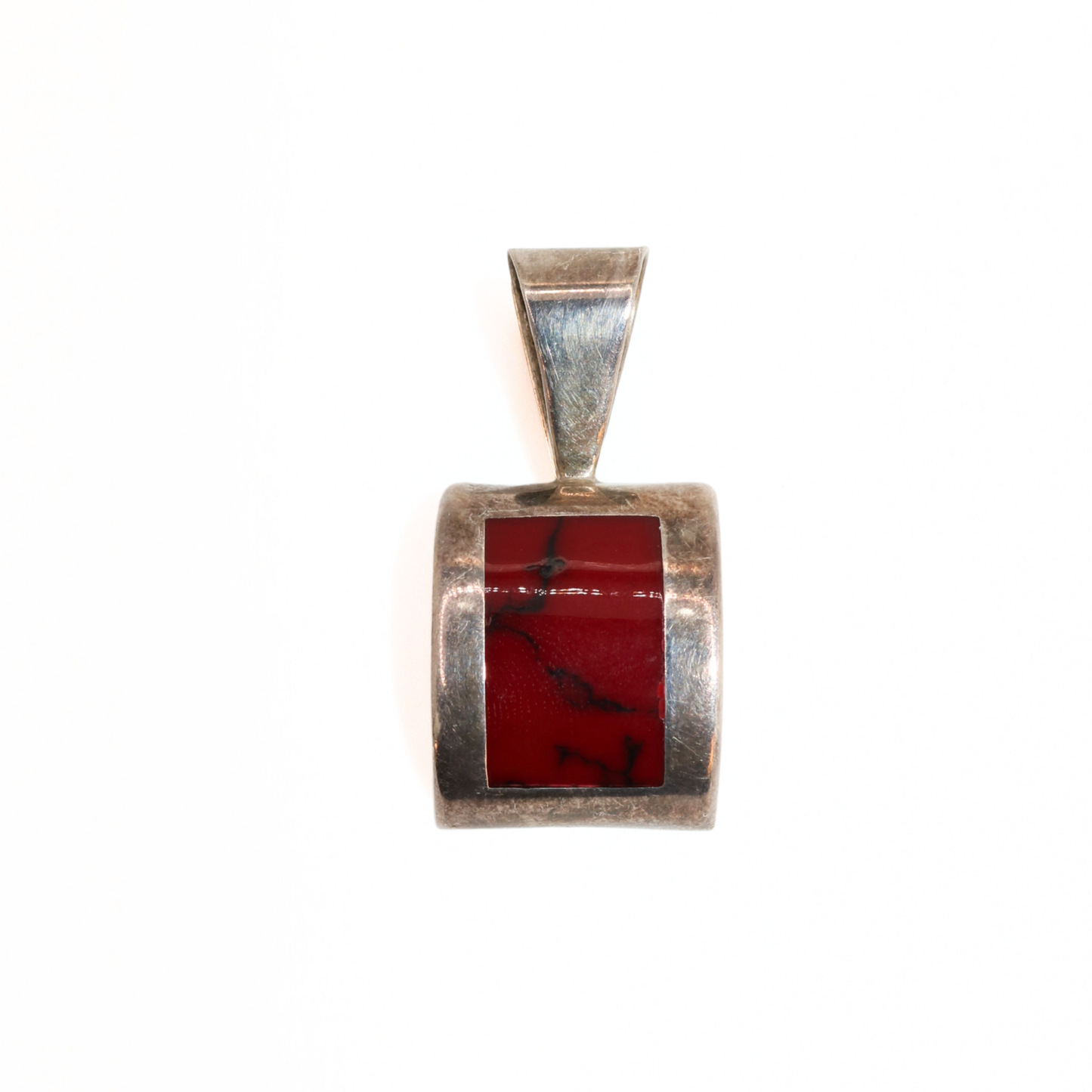 Vintage Mexico Sterling Silver Red Quartz Rectangular Inlay Pendant