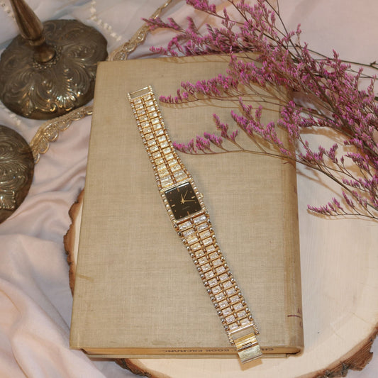 Gold Tone Black Dial Rectangle Quartz Watch