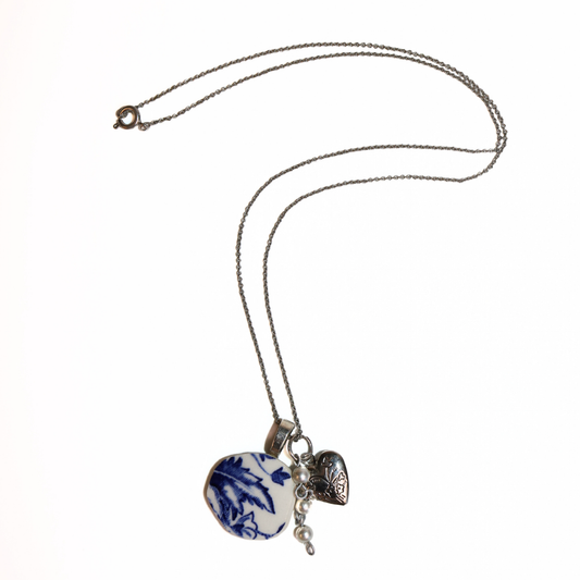 Blue & White China Plate Pendant Necklace with Heart & Pearl Accents