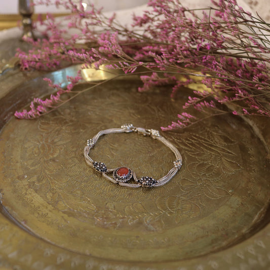 Sterling Silver Mesh Bracelet with Carnelian Cabochon & Marcasite Accents