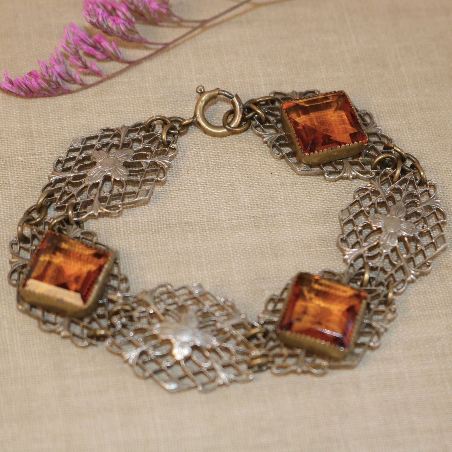 Art Deco Filigree Bracelet with Amber Glass Stones