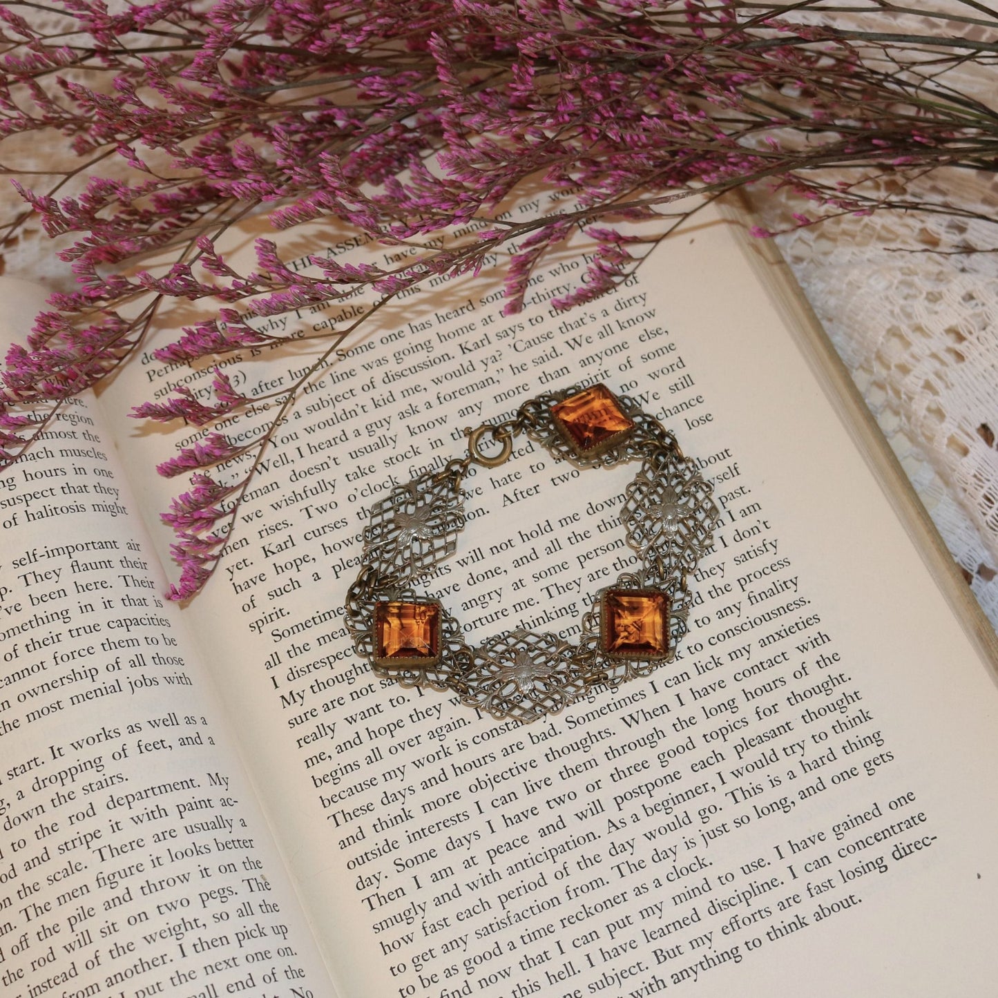 Art Deco Filigree Bracelet with Amber Glass Stones