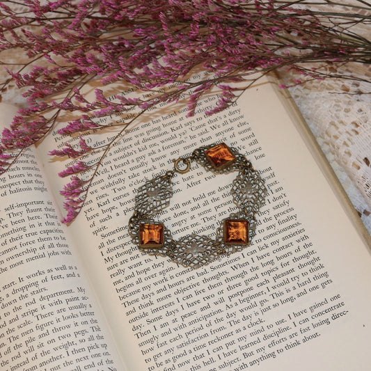Art Deco Filigree Bracelet with Amber Glass Stones