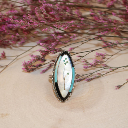 Sterling Silver Marquise Ring with Inlay Design