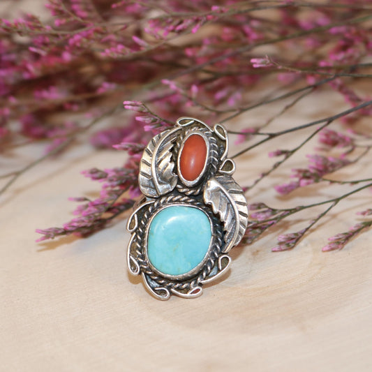 Sterling Silver Ring with Turquoise & Coral Cabochons