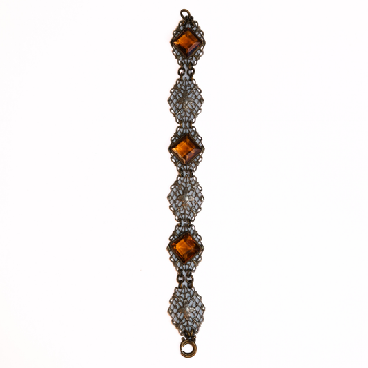 Vintage Art Deco Filigree Bracelet with Amber Glass Stones