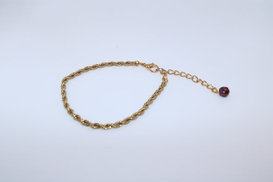 Dainty Gold Rope Chain Bracelet with Purple Bead Charm