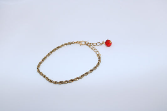 Gold Rope Chain Bracelet with Red Bead Charm