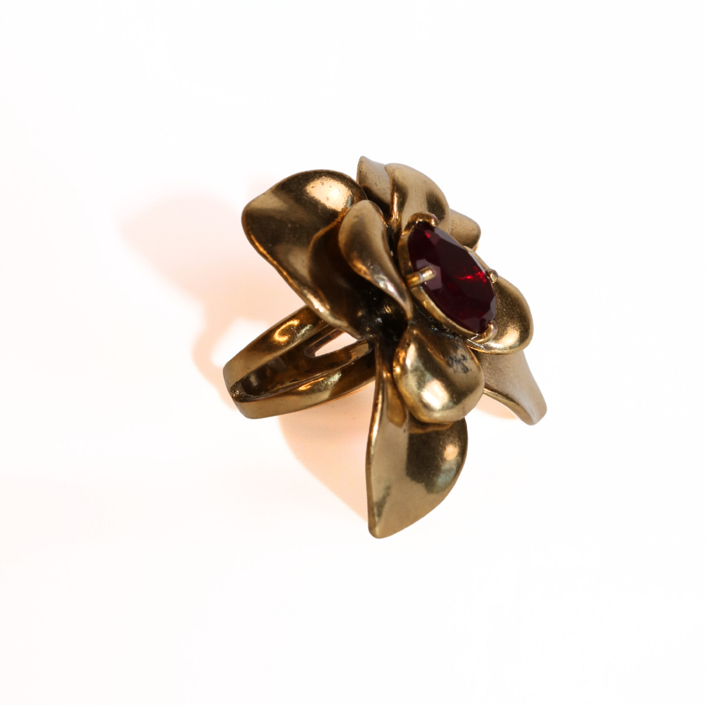 Vintage Gold Tone Flower Ring with Red Stone