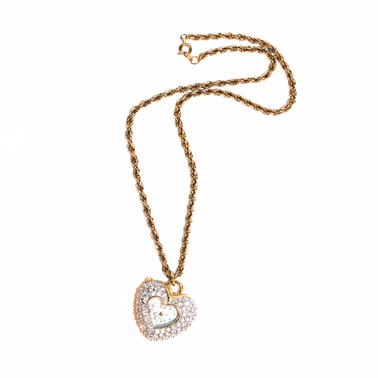 Gold-Tone Rhinestone Heart Watch Pendant Necklace