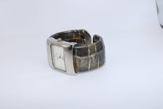 Vintage Alberto Zorzo Wide Cuff Watch – Silver & Faux Croc Leather