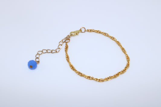 Gold Rope Chain Bracelet with Blue Bead Charm
