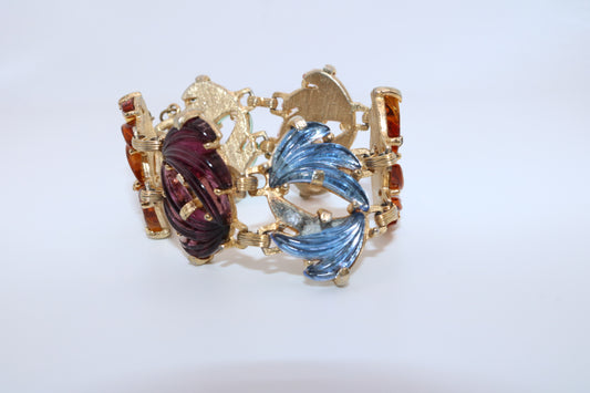 Vintage Multicolor Glass Link Bracelet – Floral Leaf Motif