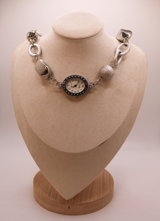 Watch Clock Pendant Silver Choker Necklace
