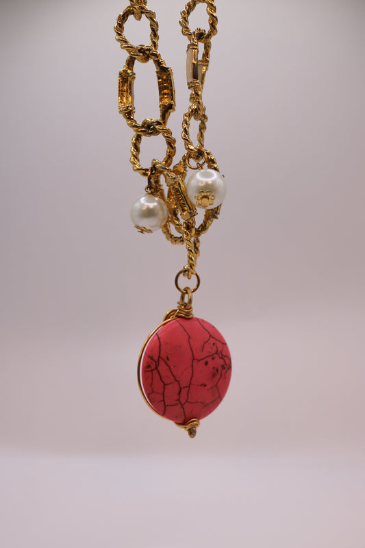 Golden Chain Necklace with Pink Stone + Pearl Accents