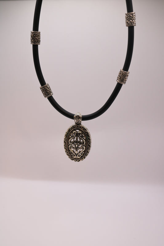 Black Cord Necklace with Ornate Silver Oval Pendant