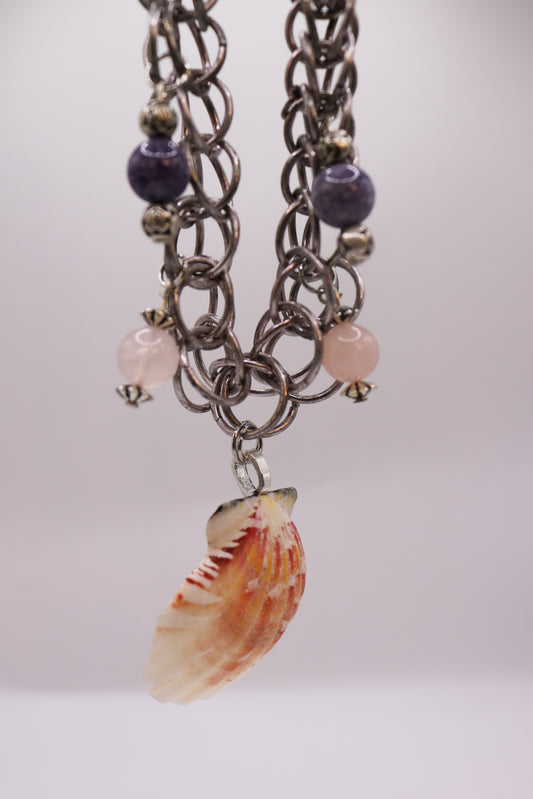 Seashell Charm Necklace with Chainmail and Gemstone Beads