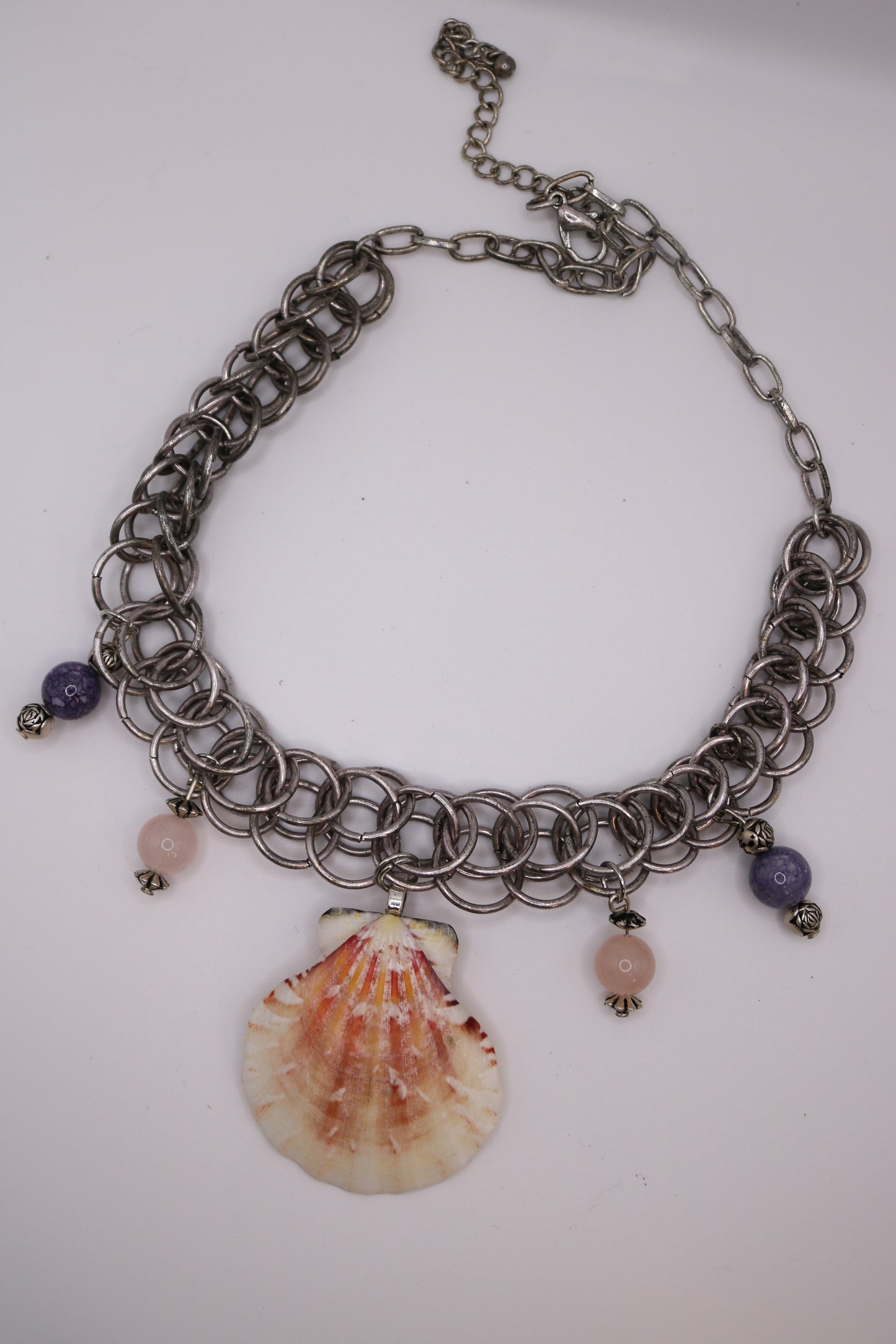 Seashell Charm Necklace with Chainmail and Gemstone Beads