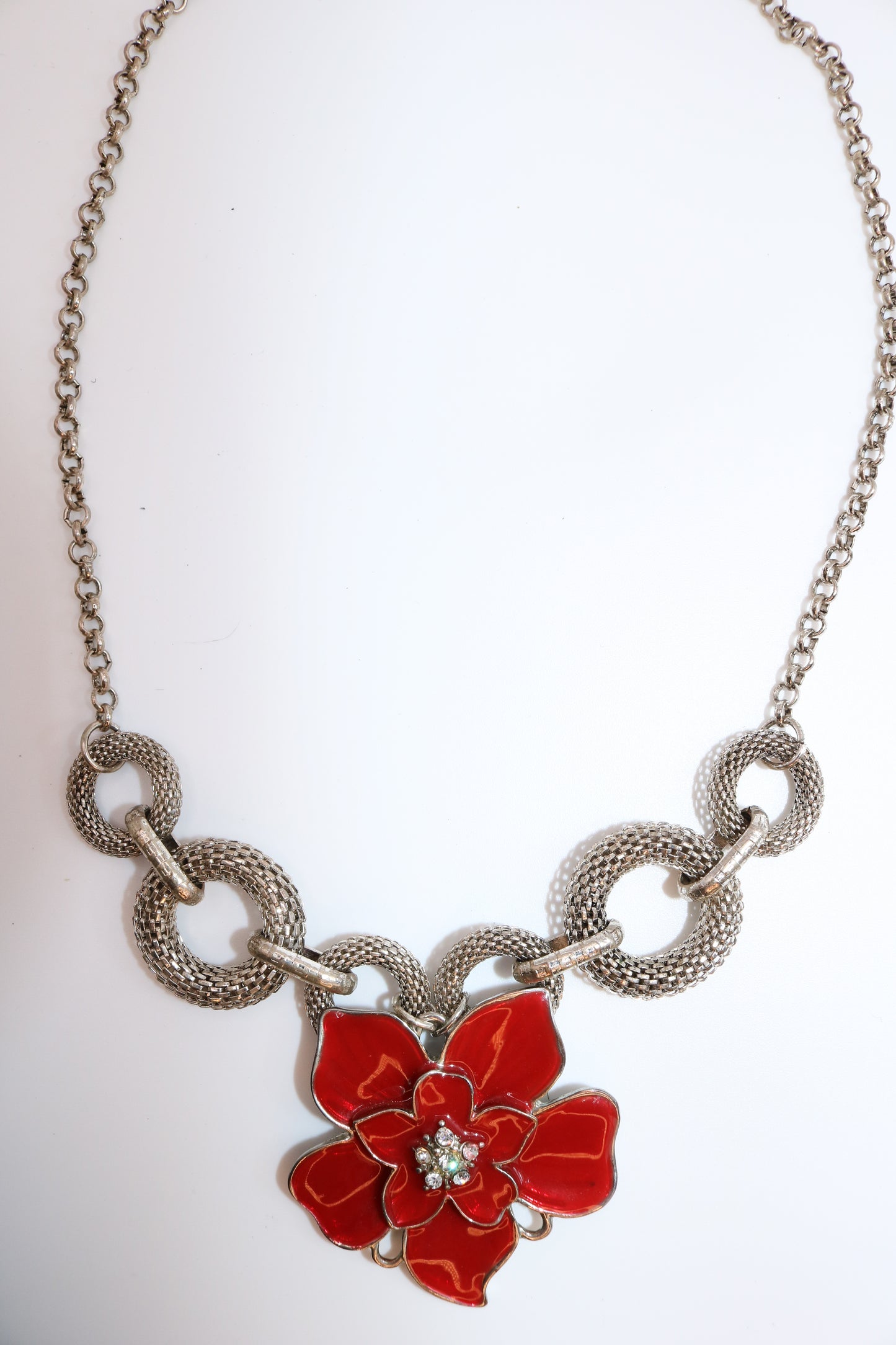 Vintage Red Enamel Flower Statement Necklace