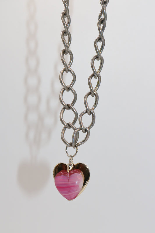 Chunky Silver Chain Necklace with Pink Glass Heart Pendant