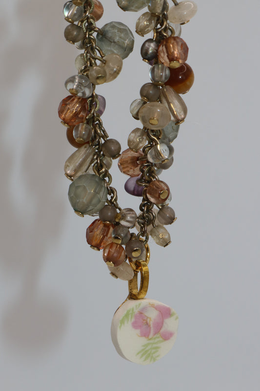 Vintage Beaded Cluster Necklace with Handmade China Plate Pendant