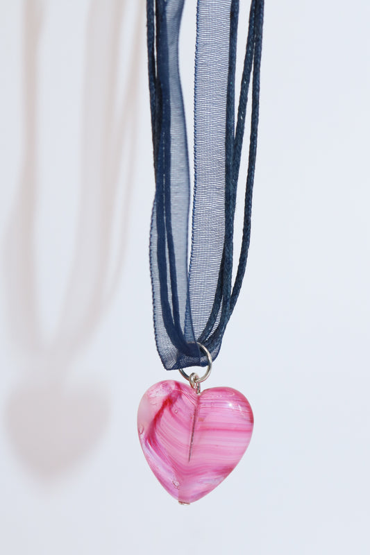 Pink Glass Heart Pendant on Navy Ribbon Cord Necklace
