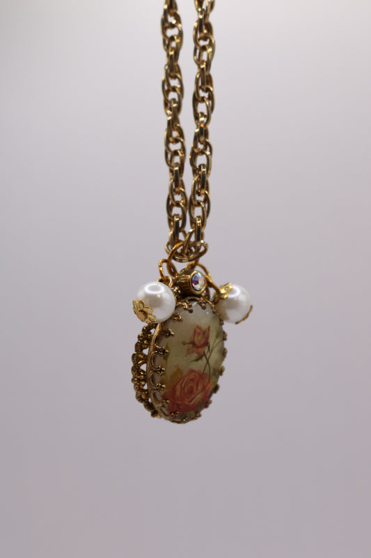 Vintage Rose Charm Necklace with Pearls