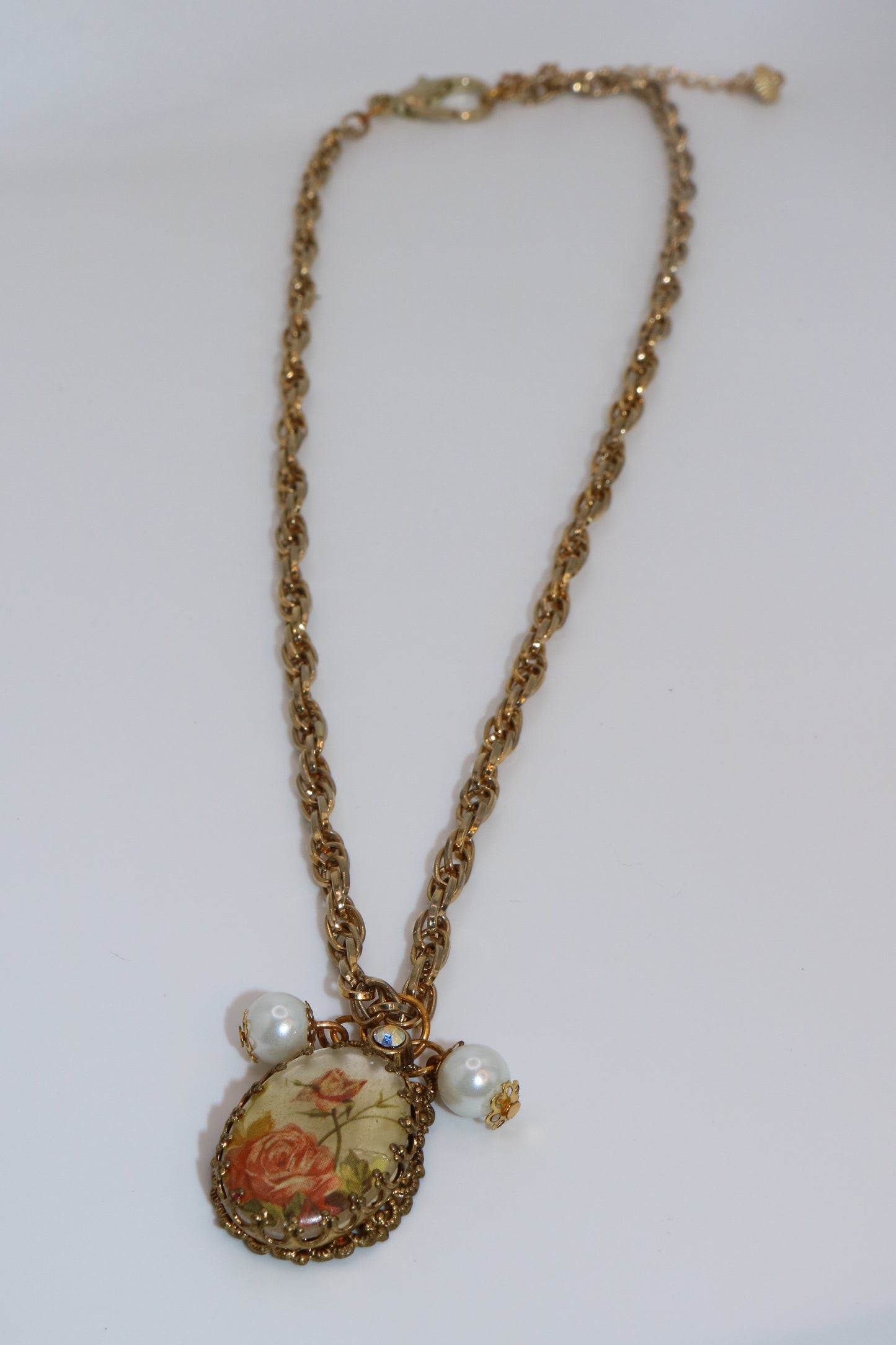 Vintage Rose Charm Necklace with Pearls