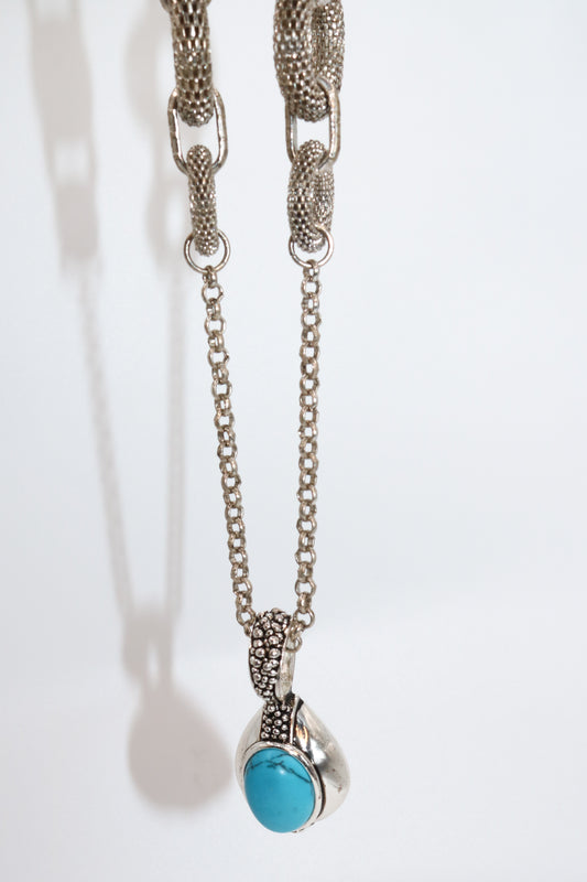 Bold Link Necklace with Turquoise Stone Pendant