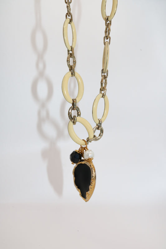 Chunky Cream Link Necklace with Black + Gold Drop Pendant