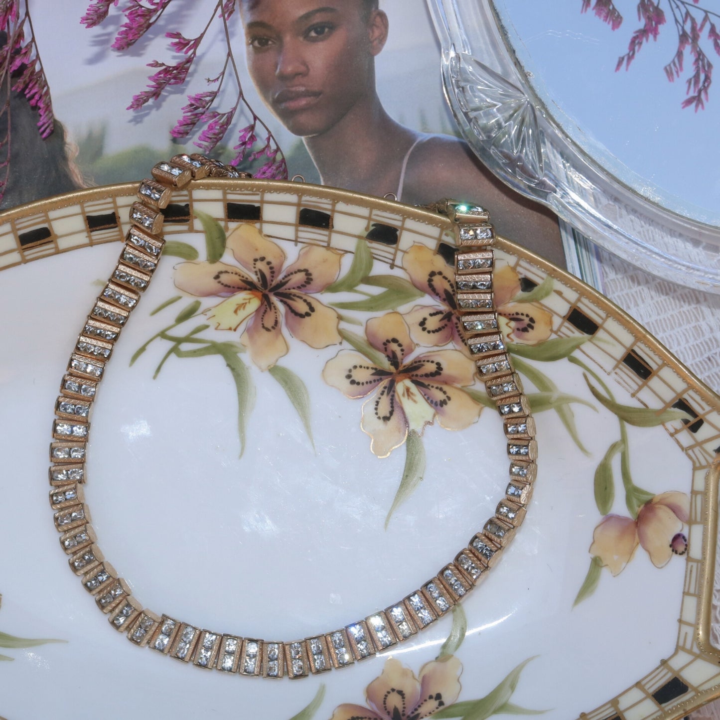Vintage Catamore 12K Gold-Filled Rhinestone Panel Link Necklace